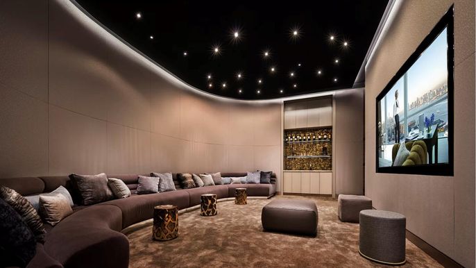 Interior, Living room, Projection Screen, Recessed Lighting, Theatre Room