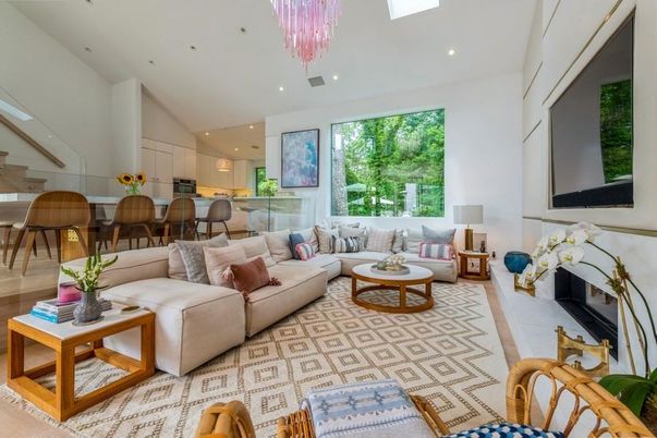 Chandelier, Dining room, Fireplace, Interior, Kitchen, Living room, Recessed Lighting