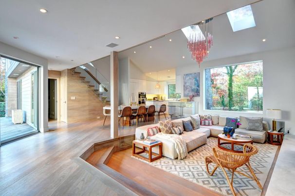 Chandelier, Dining room, Interior, Kitchen, Living room, Recessed Lighting, Wood Texture Flooring