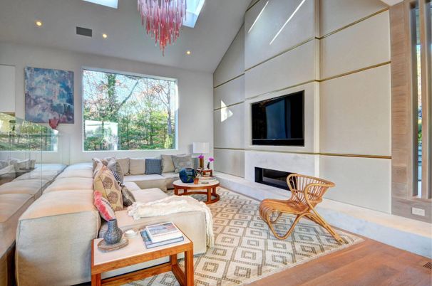 Chandelier, Fireplace, Interior, Living room, Recessed Lighting, Wood Texture Flooring
