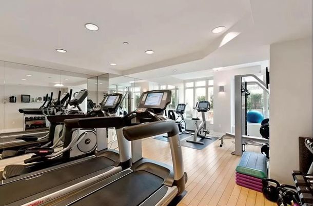Fitness Equipment, Gym, Interior, Recessed Lighting, Wood Texture Flooring