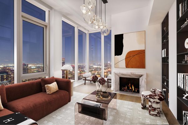 Fireplace, Interior, Living room, Pendant Lights, Wood Texture Flooring
