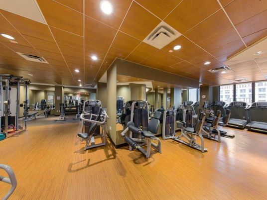 Fitness Equipment, Gym, Interior, Recessed Lighting, Wood Texture Flooring