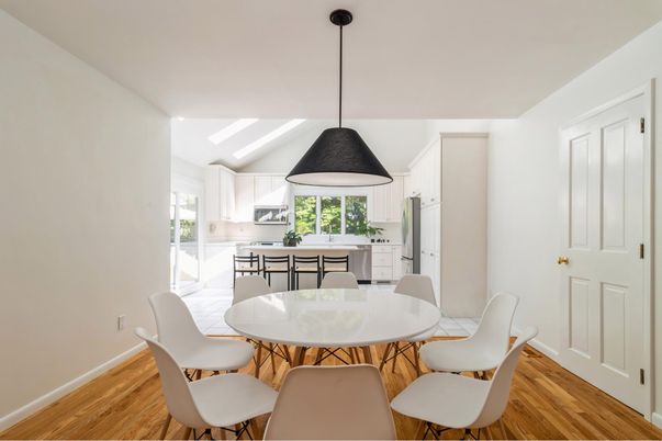Dining room, Interior, Kitchen, Pendant Lights, Wood Texture Flooring