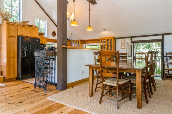Dining room, Interior, Pendant Lights, Wood Texture Flooring