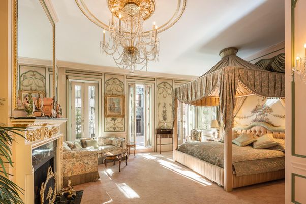 Bedroom, Chandelier, Fireplace, Interior