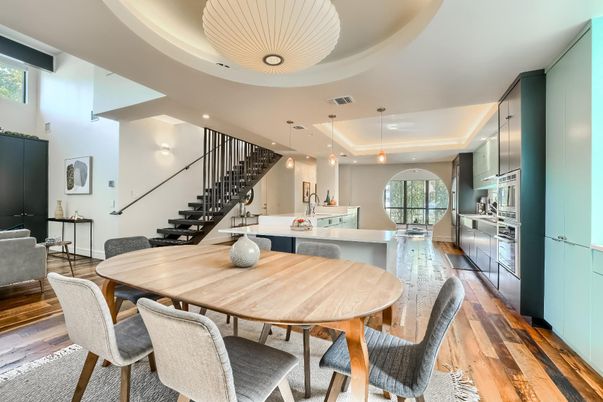 Dining room, Interior, Kitchen, Pendant Lights, Recessed Lighting, Stainless Steel Appliances, Wood Texture Flooring