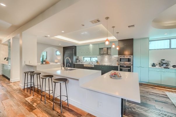 Interior, Kitchen, Pendant Lights, Recessed Lighting, Stainless Steel Appliances, Wood Texture Flooring