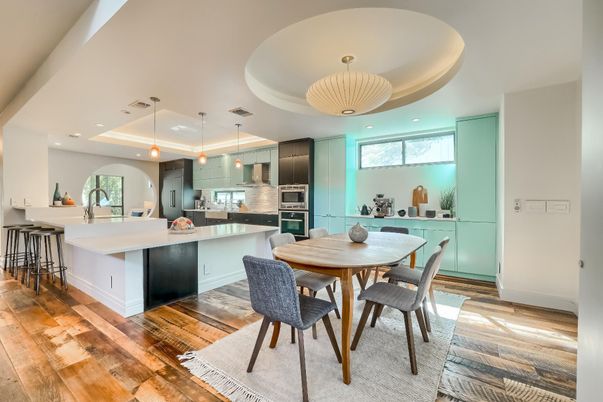 Dining room, Interior, Kitchen, Pendant Lights, Recessed Lighting, Stainless Steel Appliances, Wood Texture Flooring