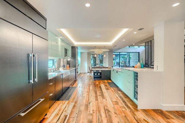 Interior, Kitchen, Recessed Lighting, Stainless Steel Appliances, Wood Texture Flooring
