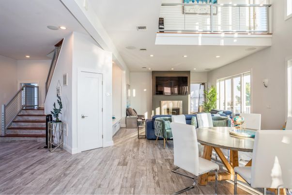 Dining room, Fireplace, Interior, Living room, Recessed Lighting, Wood Texture Flooring