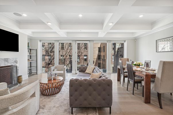 Dining room, Fireplace, Interior, Living room, Recessed Lighting, Wood Texture Flooring