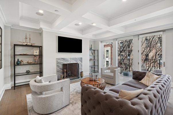 Fireplace, Interior, Living room, Recessed Lighting, Wood Texture Flooring