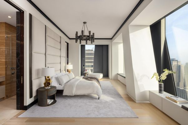Bedroom, Interior, Pendant Lights, Recessed Lighting, Wood Texture Flooring