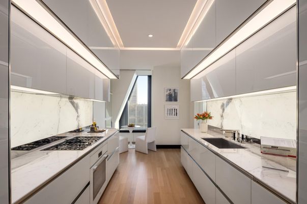 Interior, Kitchen, Marble Walls, Recessed Lighting, Wood Texture Flooring