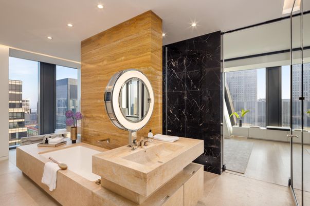 Bathroom, Dual Sink Vanities, Glass Shower, Interior, Marble Walls, Recessed Lighting