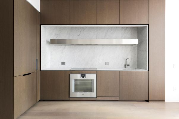 Interior, Kitchen, Marble Walls, Stainless Steel Appliances, Wood Texture Flooring