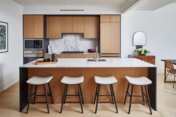 Interior, Kitchen, Marble Walls, Recessed Lighting, Stainless Steel Appliances, Wood Texture Flooring