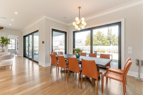 Chandelier, Dining room, Interior, Recessed Lighting, Wood Texture Flooring