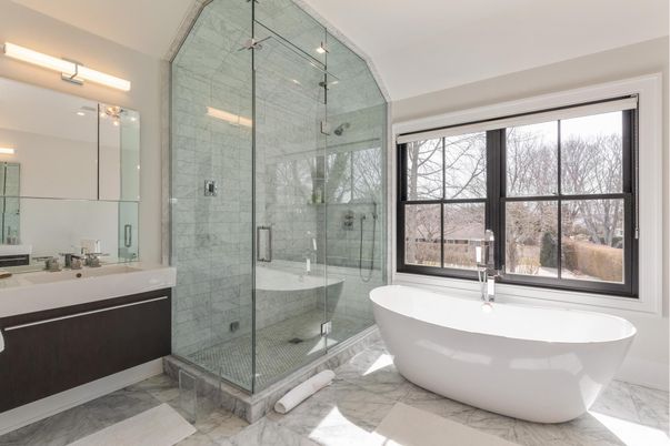 Bathroom, Free Standing Baths, Glass Shower, Interior, Marble, Marble Walls