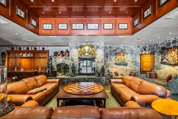 Fireplace, Interior, Living room, Recessed Lighting, Stone Walls, Wooden Beams, Wooden Ceilings