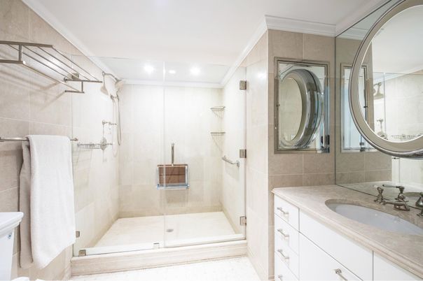Bathroom, Glass Shower, Interior, Recessed Lighting