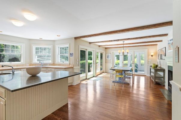 Chandelier, Dining room, Fireplace, Interior, Kitchen, Wooden Beams, Wood Texture Flooring