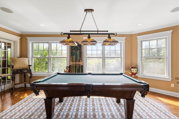 Billiard Table, Game Room, Interior, Pendant Lights, Recessed Lighting, Wood Texture Flooring