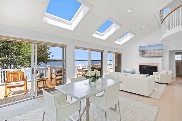 Dining room, Fireplace, Glass Ceilings, Interior, Living room, Recessed Lighting, Water, Wood Texture Flooring