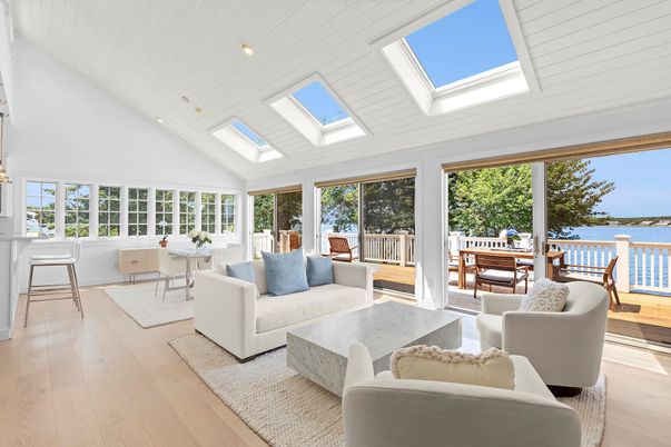 Glass Ceilings, Interior, Living room, Recessed Lighting, Sun Room, Water, Wood Texture Flooring