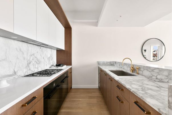 Interior, Kitchen, Marble Walls, Wood Texture Flooring