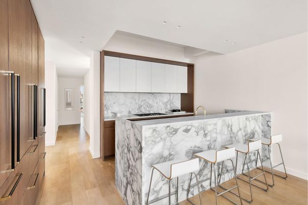 Interior, Kitchen, Marble Walls, Recessed Lighting, Stainless Steel Appliances, Wood Texture Flooring