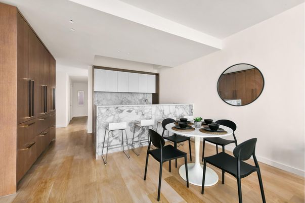 Dining room, Interior, Kitchen, Marble Walls, Recessed Lighting, Wood Texture Flooring