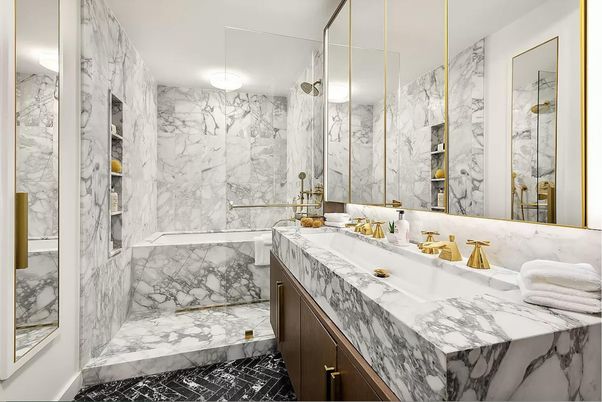 Bathroom, Dual Sink Vanities, Glass Shower, Interior, Marble, Marble Walls