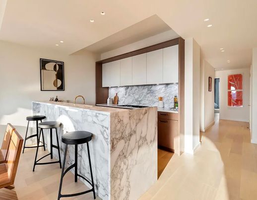 Interior, Kitchen, Marble Walls, Recessed Lighting, Wood Texture Flooring