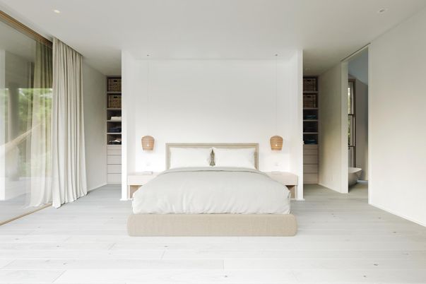 Bedroom, Interior, Pendant Lights, Recessed Lighting, Wood Texture Flooring