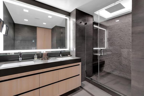 Bathroom, Dual Sink Vanities, Glass Shower, Interior, Recessed Lighting