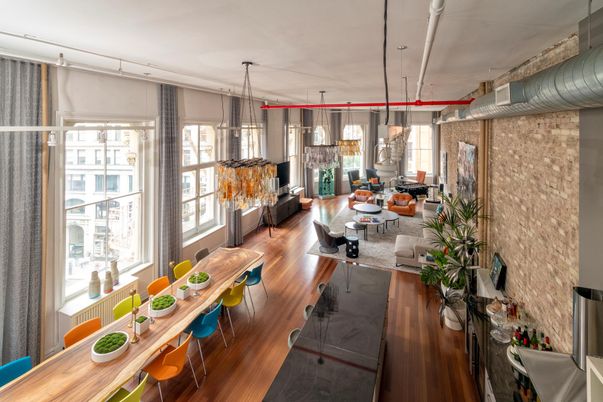 Dining room, Interior, Living room, Pendant Lights, Stone Walls, Wood Texture Flooring