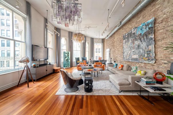 Chandelier, Interior, Living room, Stone Walls, Wood Texture Flooring