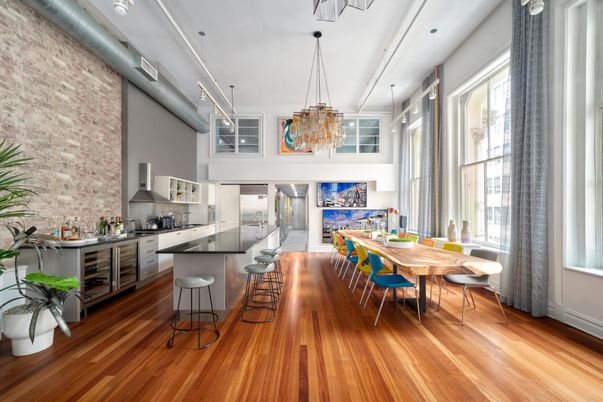 Chandelier, Dining room, Interior, Kitchen, Pendant Lights, Stone Walls, Wood Texture Flooring