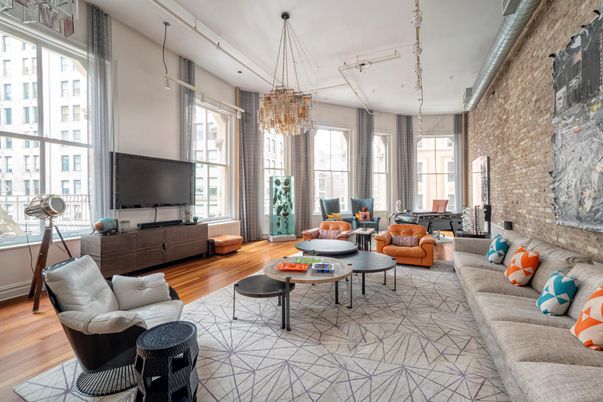 Chandelier, Interior, Living room, Stone Walls, Wood Texture Flooring
