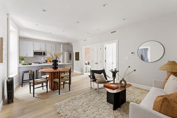Dining room, Interior, Kitchen, Living room, Recessed Lighting, Stainless Steel Appliances, Wood Texture Flooring