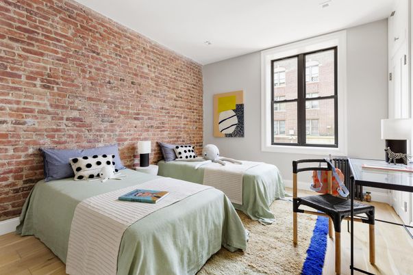 Bedroom, Interior, Stone Walls, Wood Texture Flooring