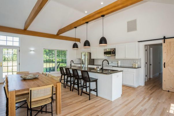 Interior, Kitchen, Pendant Lights, Recessed Lighting, Stainless Steel Appliances, Wooden Beams, Wood Texture Flooring