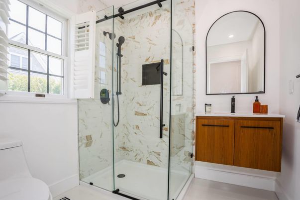 Bathroom, Glass Shower, Interior, Marble Walls, Recessed Lighting