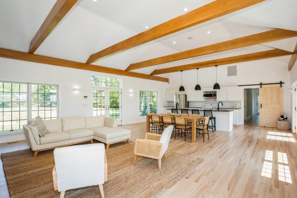 Dining room, Interior, Kitchen, Living room, Pendant Lights, Recessed Lighting, Stainless Steel Appliances, Wooden Beams, Wood Texture Flooring