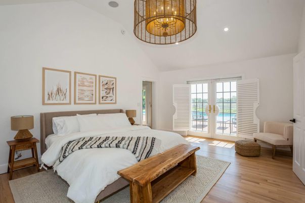 Bedroom, Chandelier, Interior, Recessed Lighting, Wood Texture Flooring