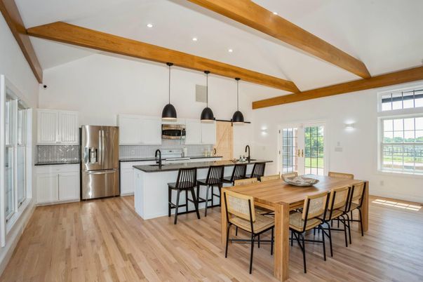 Interior, Kitchen, Pendant Lights, Recessed Lighting, Stainless Steel Appliances, Wooden Beams, Wood Texture Flooring