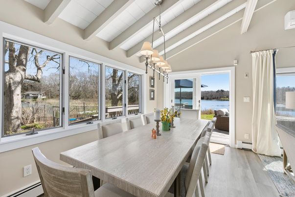 Dining room, Interior, Pendant Lights, Water, Wood Texture Flooring