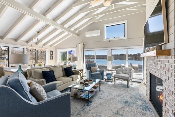 Fireplace, Interior, Living room, Pendant Lights, Water